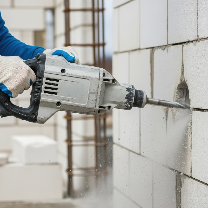 Ouvrier utilisant un marteau-piqueur sur un mur de parpaings de béton cellulaire, créant un trou avec de la poussière.