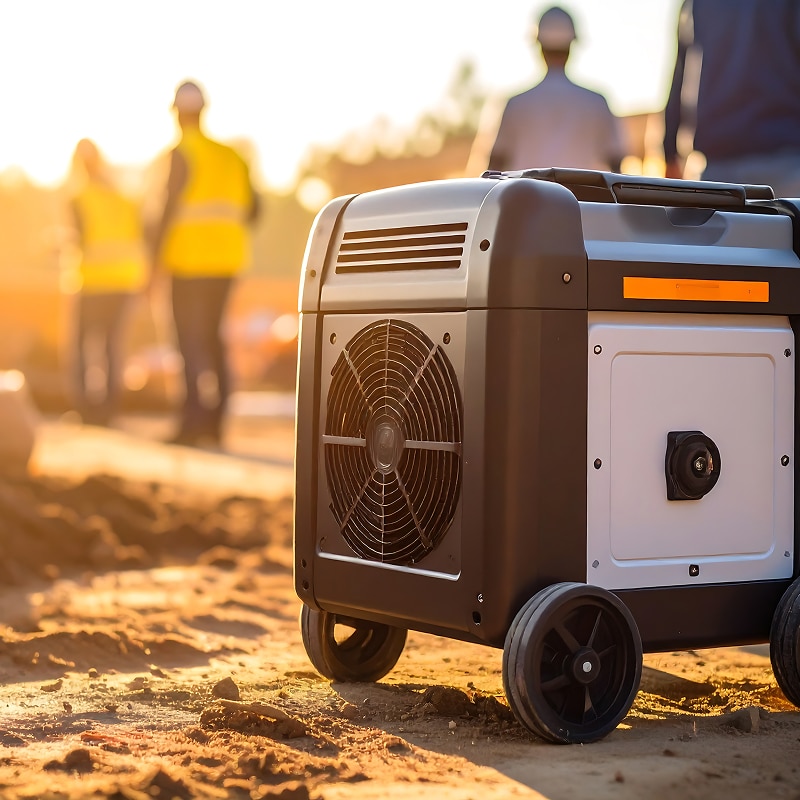 Générateur portable sur roues posé sur un chantier boueux, avec ouvriers en gilets jaunes visibles au loin sous un soleil éclatant.