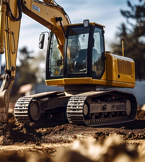 Gros plan sur une pelle mécanique jaune Caterpillar (CAT) sur un chantier boueux, avec la cabine et les chenilles visibles.